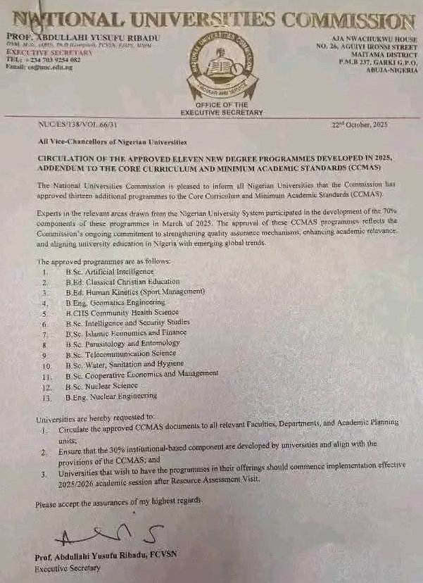 NUC Introduces Artificial Intelligence, Nuclear Engineering Among 13 New Courses For Nigerian Universities